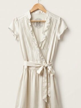 For Love and Liberty XS Ivory 100% Silk Wrap Dress Ruffle Boho Romantic